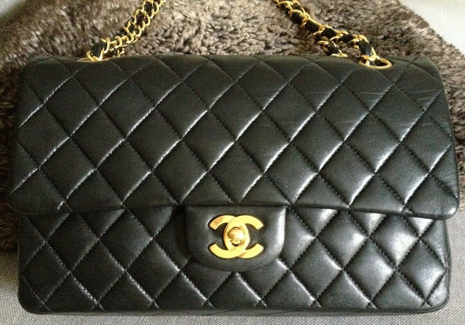 SOLD FULL SET CHANEL Black Lambskin Leather CC 24K Gold Chain Medium Double Flap Bag My Dreamz Closet